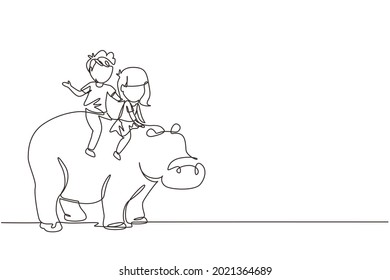 Continuous one line drawing happy little boy and girl riding hippo together. Children sitting on back hippopotamus in zoo. Kids learning to ride hippopotamus. Single line draw design vector graphic