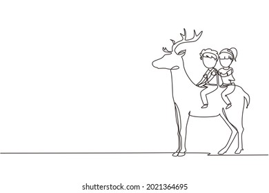 Continuous one line drawing happy boy and girl riding deer together. Children sitting on back deer with saddle in ranch ground. Kids learning to ride reindeer. Single line draw design vector graphic