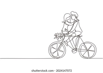 Continuous one line drawing happy young man and woman riding bicycle face to face. Happy romantic couple is riding bicycle together. Happy family. Single line draw design vector graphic illustration