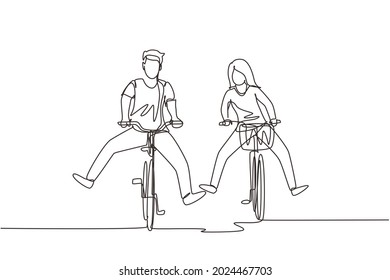 Continuous one line drawing happy funny young couple riding on bicycle. Romantic teenage couple ride bike. Young man and woman in love. Happy married couple. Single line draw design vector graphic