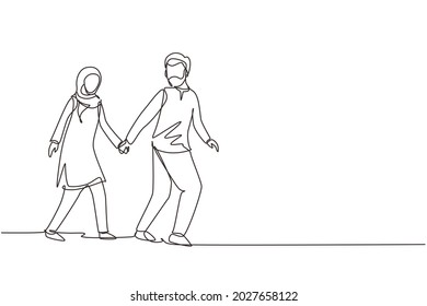 Continuous one line drawing happy Arabian man pulled woman hand. Romantic couple walking on romantic honeymoon promenade holiday. Couple summer vacation. Single line design vector graphic illustration