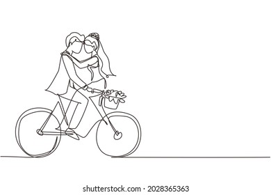 Continuous one line drawing happy married man and woman riding bicycle face to face in wedding day. Cute romantic couple is riding bicycle together. Single line draw design vector graphic illustration