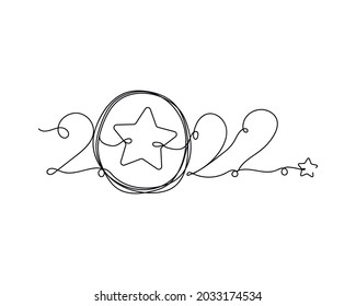 Continuous one line drawing of happy new year 2022  icon in silhouette on a white background. Linear stylized.