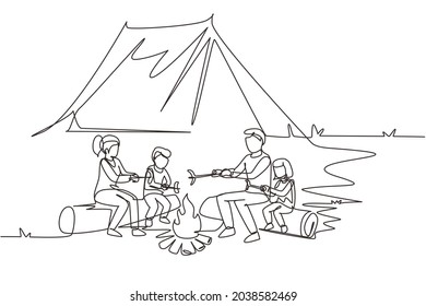 Continuous one line drawing happy family sit by campfire. Cheerful tourists, campers. Mom dad and kids roast sausage. Night camping adventure trip. Single line draw design vector graphic illustration