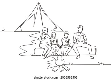Continuous one line drawing happy family at summer camping spending time together. Dad reading books near campfire. Mom, son, daughter listen the story. Single line draw design vector illustration