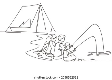 Continuous one line drawing happy family camping. Man, woman, children, family hikers fishing with fishing rod. Summer camper vacation near river in forest. Single line draw design vector illustration