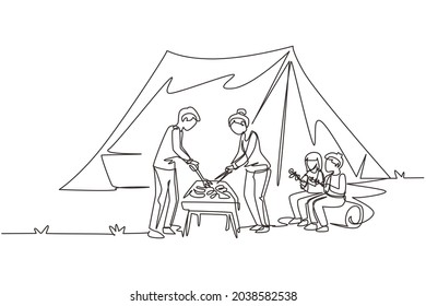 Continuous one line drawing happy four family members are having barbecue in the mountain. Father, mother and children hiking, travel and camping at nature. Single line draw design vector illustration