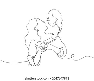 Dibujo continuo de una línea de la feliz madre de día con su hija en silueta sobre un fondo blanco. Linear estilizado.