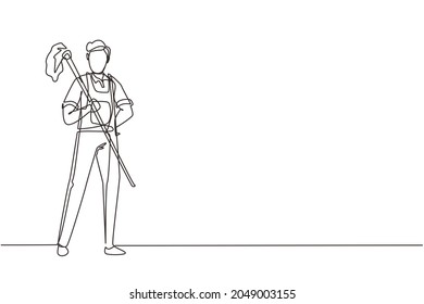 Continuous one line drawing happy male cleaning staff member is holding mop in gloves on white background. Concept of different people like working in cleaning service. Single line draw design vector