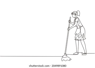 Kontinuierlich eine Linie zeichnen glückliche junge Frau Einkaufsboden und Reinigung drinnen. Hausreinigung, Hausarbeit oder Hausangestellte und Hausmeister. Vektorgrafik-Illustration mit Einzelzeilenzeichnung