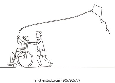 Continuous one line drawing happy child disabled concept  Hand drawn boy pushing little girl in wheel chair and flying kite  Disabled has fun outside  Single line draw design vector illustration