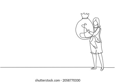 Continuous one line drawing happy businesswoman holding large bag full of money. Smiling woman walking, carrying big heavy sack full of cash money. Single line draw design vector graphic illustration