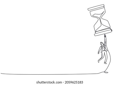 Continuo dibujo de una línea feliz mujer de negocios volando con un globo de vidrio. Administración de tiempo de negocios. Éxito, campeón, victoria, sandglass. ilustración vectorial de diseño de línea única