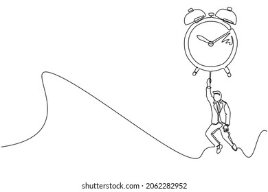 Continuous one line drawing happy businessman, manager or employee flying with big balloon alarm clock and hold rope. Time management business metaphor. Single line draw design vector illustration