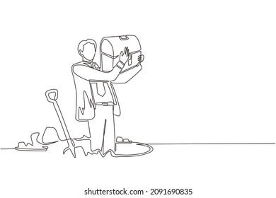 Continuo dibujo de una línea feliz hombre cazador de pecho sostiene el tesoro en el suelo. Empresario emocionado con artefacto de gema. Atesora la caza de oro. Ilustración gráfica vectorial de diseño de línea única