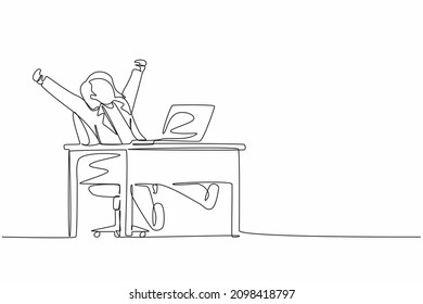 Continuous one line drawing happy businesswoman sitting in chair at desk using laptop celebrating win with hands raised. Celebrating win, positive emotions concept. Single line graphic design vector
