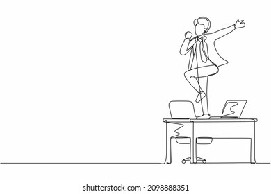 Continuous one line drawing happy office worker dancing on desk. Young businessman dancing while sitting at desk. Having fun at work. Work from home concept. Single line draw design vector graphic