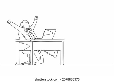Continuous one line drawing happy businessman sitting in chair at desk using laptop celebrating win with hands raised. Celebrating win, positive emotion concept. Single line draw design vector graphic