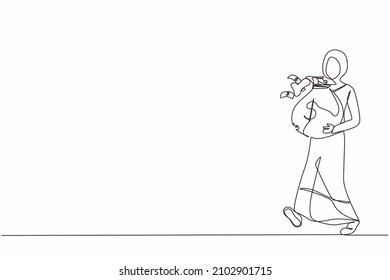 Continuous one line drawing happy Arabian businesswoman walking and carrying big heavy sack full of cash money. Green banknotes flying out of bag with dollar sign on it. Single line draw design vector
