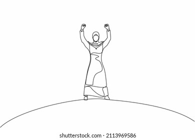 Continuous one line drawing happy Arabian businesswoman standing and raising hands or arms. Successful female. Career goal. Victory sign or symbol. Winner pose. Single line draw design vector graphic
