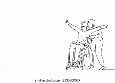 Continuous one line drawing happy disabled woman in wheelchair walk and her loving husband outdoors  having fun  spending time together  Impaired couple enjoying fun day  Single line design vector
