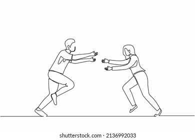 Continuous one line drawing happy man and woman run to meet each other. Female want to embrace male friend. Happy couple. Meeting of friends, love concept. Single line draw design vector illustration