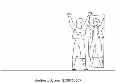 Continuous one line drawing happy businesswoman look in mirror with raised hands. Reflection in mirror. High self esteem psychology. Victory, success motivation. Single line draw design vector graphic