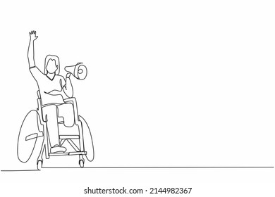 Continuous one line drawing happy disability young woman in wheelchair celebrating winning of football team with megaphone.  soccer fan wheelchair user. Single line draw design vector graphic