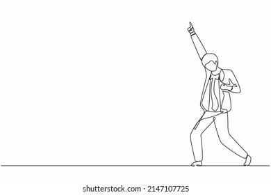 Continuous one line drawing happy businessman standing with raise one hand and the other hand pose yes. Office worker celebrate success of company project. Single line draw design vector illustration