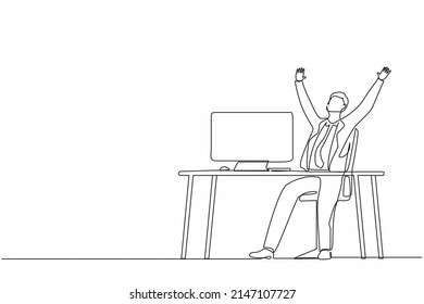 Continuous one line drawing happy businessman sitting with raised hands on the his workplace. Office worker celebrate success of company project. Single line draw design vector graphic illustration