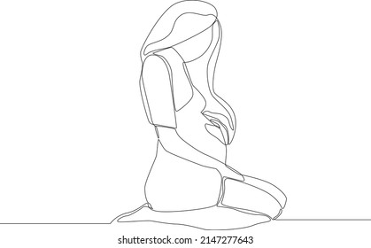 Continuous one line drawing of happy pregnant woman sitting with big belly. Vector illustration.