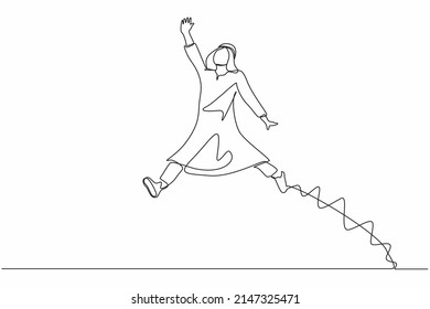 Continuous one line drawing happy Arab businessman jumping with spreads both legs and raises one hand. Salesman celebrates salary increase from company. Single line design vector graphic illustration