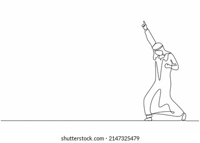 Continuous one line drawing happy Arab businessman standing with raise one hand and the other hand pose yes. Office worker celebrate success of company project. Single line draw design vector graphic