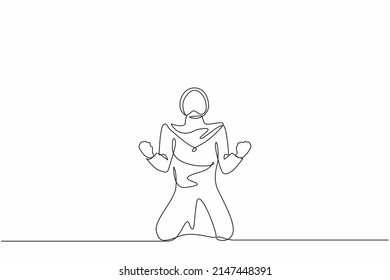 Continuous one line drawing happy Arab businesswoman kneeling with both hands do gesture yes. Female manager celebrating success of increasing company product sales. Single line design vector graphic