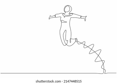 Continuous one line drawing happy Arab businesswoman jump with raised her legs, spread her arms. Female manager celebrating success of increasing company product sales. Single line draw design vector