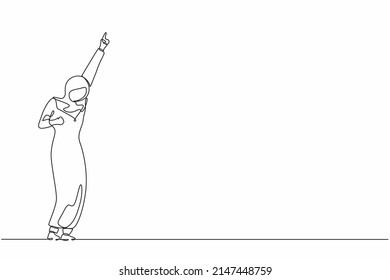 Continuous one line drawing happy Arabian businesswoman standing with raise one hand and other hand pose yes. Office worker celebrate success of company project. Single line draw design vector graphic