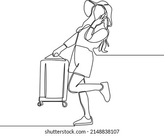 Kontinuierlich eine Linie Zeichnung Happy weiblichen Tourismus mit Reiseschütze und Koffer. Alles Gute auf Reisen. Einzeilige Zeichnung, Vektorgrafik.