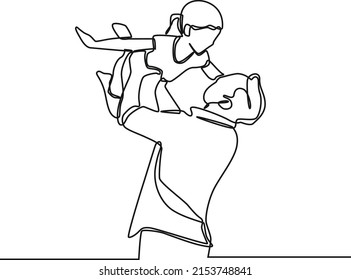 Continuous one line drawing of happy father hold up his child girl. Father is superhero. Happy father's day. Single line draw design vector graphic illustration.
