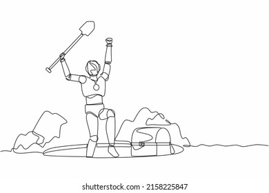 Continuous one line drawing happy robot lifting shovel and finding chest treasure. Humanoid robot cybernetic organism. Future robotics development. Single line draw design vector graphic illustration