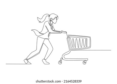 Continuous one line drawing happy young girl using a cart for shopping. Flash sale and Discount concept. Single line draw design vector graphic illustration.
