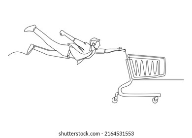 Continuous one line drawing happy young boy flying and holding a cart at shopping. Flash sale and Discount concept. Single line draw design vector graphic illustration.