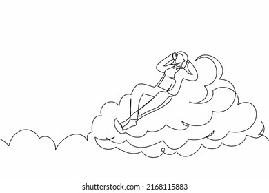 Continuous One Line Drawing Happy Successful Businesswoman Relaxing Laying On Clouds. Resting Relaxation Manager Enjoy Break Time After Office Hour. Single Line Draw Design Vector Graphic Illustration