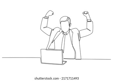 Continuous One Line Drawing Happy Businessman In Front Of Laptop Raising Hands Up At Work Place Table. Business Success Concept. Single Line Draw Design Vector Graphic Illustration.