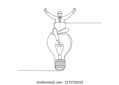 Continuous one line drawing happy businessman with laptop sitting on light bulb idea. Business success concept. Single line draw design vector graphic illustration.