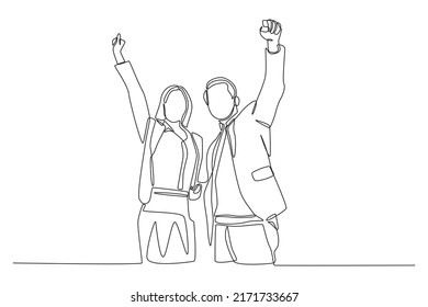 Continuous one line drawing Happy Businessman and team raise up hand for achievement together. Business success concept. Single line draw design vector graphic illustration.