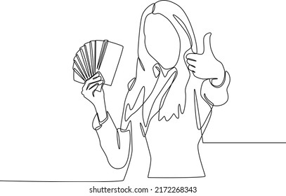 Continuous one line drawing Happy businesswoman holding a bunch of money in there right hand. Salary concept. Single line draw design vector graphic illustration.