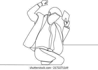 Continuous one line drawing happy male worker jumping and getting career salary growth at office. Salary concept. Single line draw design vector graphic illustration.