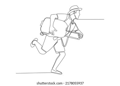 Continuous one line drawing happy young man tourist with luggage and hat running in the airport. World tourism day concept. Single line draw design vector graphic illustration.