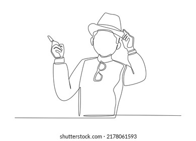 Continuous one line drawing happy young man with hat and glasses pointing finger up. World tourism day concept. Single line draw design vector graphic illustration.