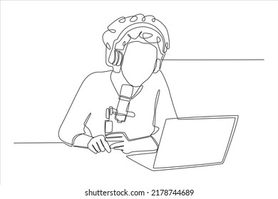 Dibujo continuo de una línea Feliz joven alegre con auriculares, laptop y micrófono profesional grabando podcast de audio para radio. Concepto moderno de mujer. Ilustración vectorial.